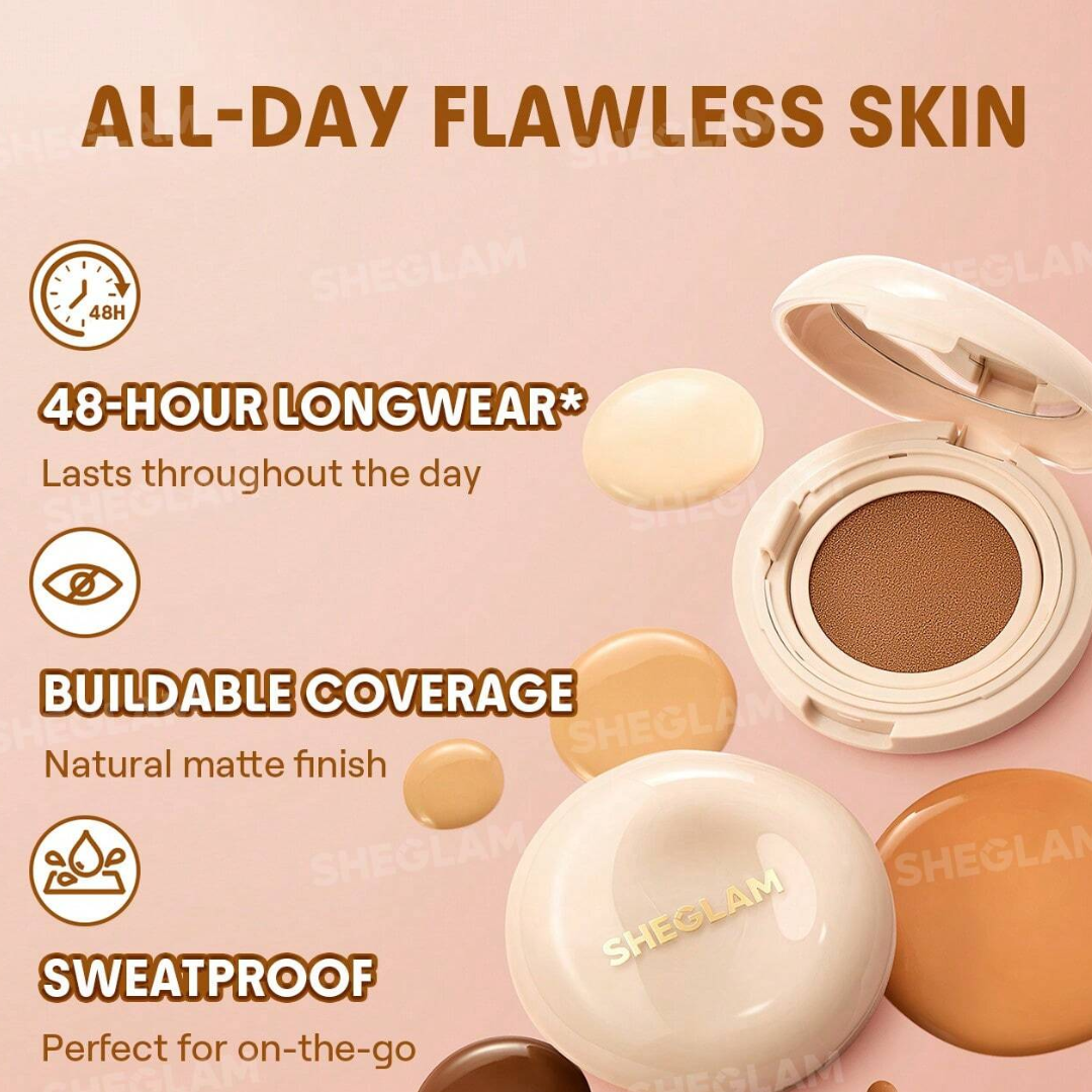 SHEGLAM 48H Powder Tech Cushion Foundation - Sweatproof & Buildable Matte Finish