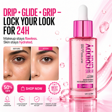 Maybelline Grip Serum Makeup Grip Primer – 50% OFF – 24H Makeup Lock – Hydrates, Brightens & Smoothes – With 2% Niacinamide – Drip, Glide & Grip Technology – Lightweight, Non-Sticky – Serum-to-Grip Formula