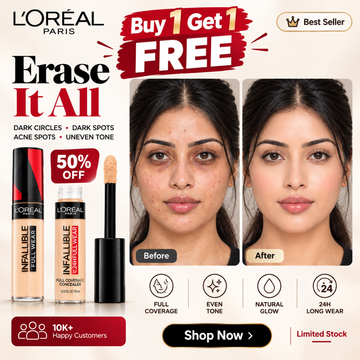 L'Oréal Paris Infallible 24H Full Wear Concealer – Buy 1 Get 1 FREE – Full Coverage & Matte Finish – Erases Dark Circles, Acne Spots & Uneven Tone – Waterproof