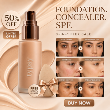 TYPSY BEAUTY FOUNDCEALER FLEX 3-in-1 – Foundation + Concealer + SPF 30 – One Base, Endless Perfection – Full Coverage, Skin-Like Finish, Breathable – With Niacinamide & Moringa Extract – Dual Applicator (Pump + Concealer Wand) – FREE Beauty Blender